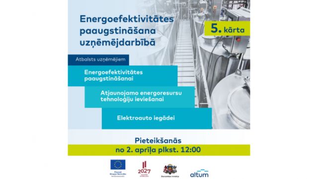 ALTUM 2.aprīlī nākamajā kārtā sāk pieņemt pieteikumus energoefektivitātes pasākumu īstenošanai uzņēmējiem